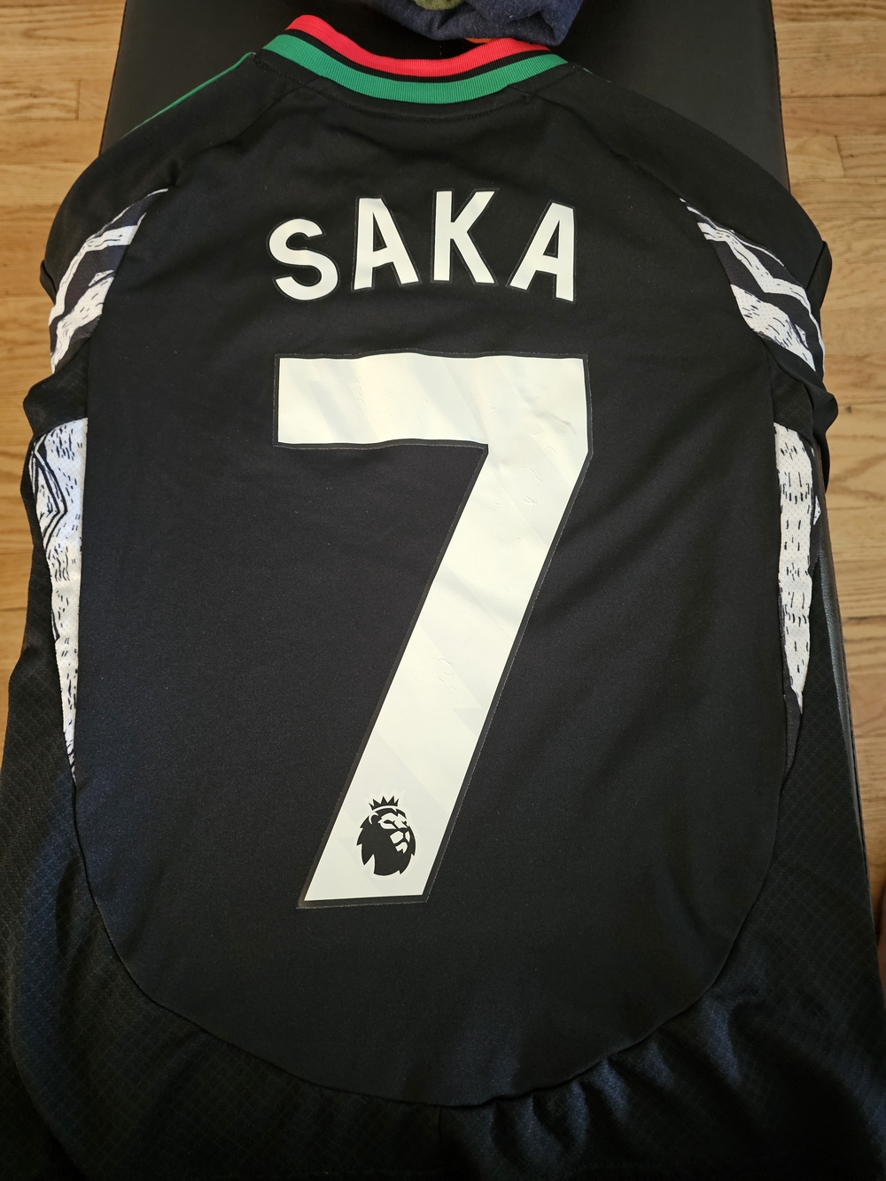 adidas Kids Black Saka #7 Soccer Jersey with Green & Red Collar